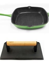 Cast Iron 18/10 Stainless Steel Grill Set 2pc - Green - Green