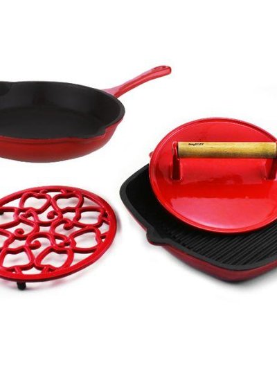 BergHOFF Cast Iron Set 4pc Red (10" Fry Pan, 11" Grill Pan, Steak Press, Apple Trivet) product