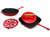 Cast Iron Set 4pc Red (10" Fry Pan, 11" Grill Pan, Steak Press, Apple Trivet) - Red