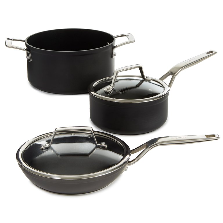 Essentials 5Pc Non-Stick Hard Anodized Cookware Set For Two With Glass Lid, Black