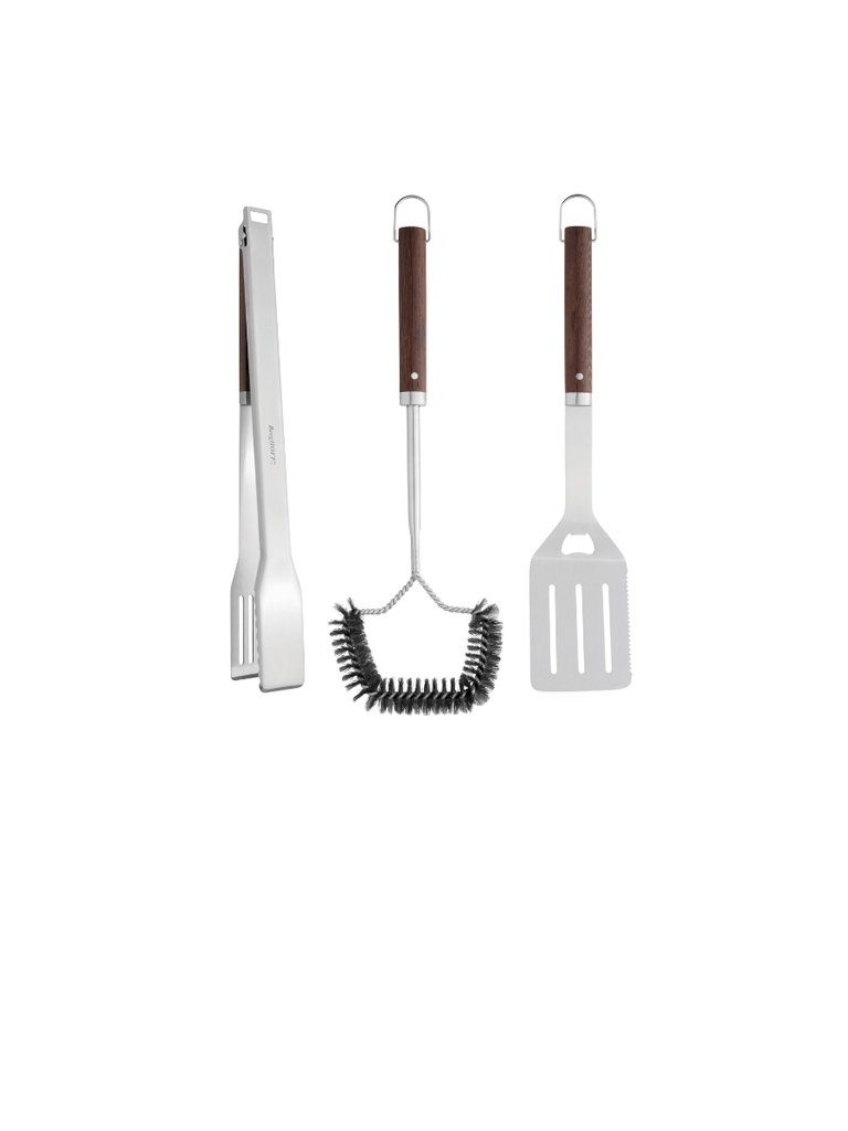 Essentials BBQ Set with Wood Handles Tongs, Spatula and Brush (3-Pieces)