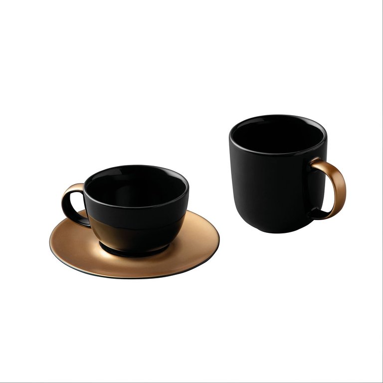 GEM 3Pc Coffee And Tea Set, Mug, Cup & Saucer - Black / Gold