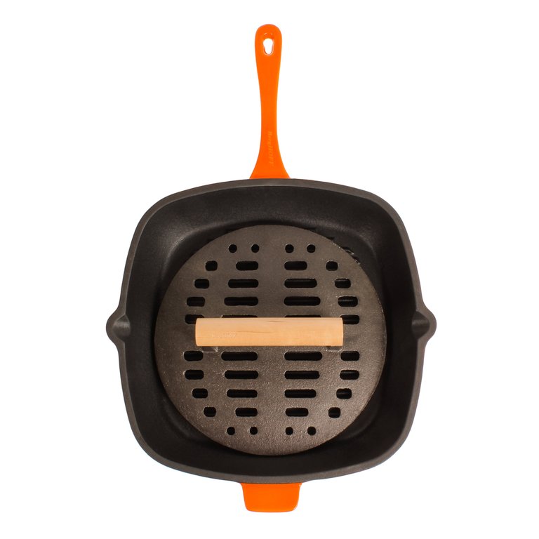 Neo 2pc Cast Iron 11" Grill Pan With Slotted Steak Press, Orange