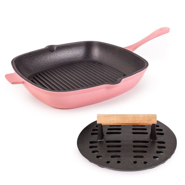 Neo 2pc Cast Iron 11" Grill Pan With Slotted Steak Press, Pink