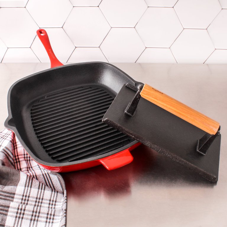 Neo 2Pc Cast Iron 11" Grill Pan With Steak Press, Red