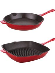 Neo 2pc Cast Iron Set, 10" Fry Pan & 11" Grill Pan - Red