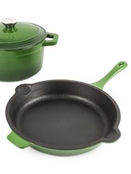 Neo 3Pc Cast Iron Cookware Set, 3Qt Covered Dutch Oven & 10" Fry Pan - Green