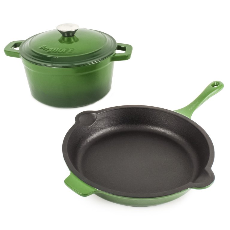 Neo 3Pc Cast Iron Cookware Set, 3Qt Covered Dutch Oven & 10" Fry Pan - Green