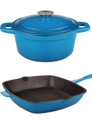 Neo 3pc Cast Iron Set, 3qt Covered Dutch Oven & 11" Grill Pan - Blue