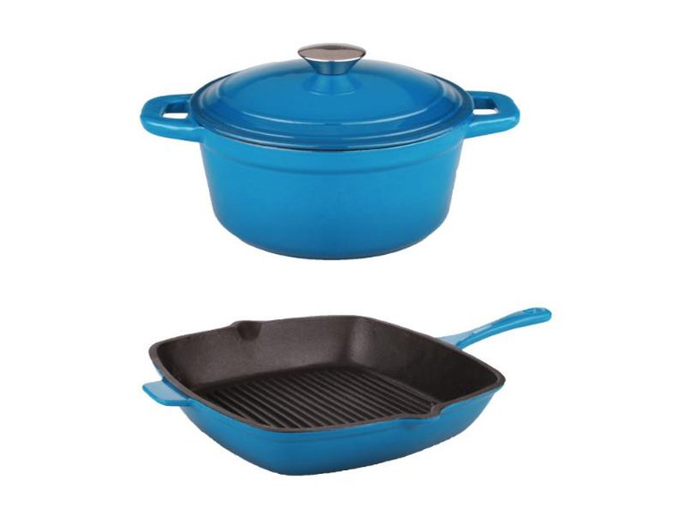 Neo 3pc Cast Iron Set, 3qt Covered Dutch Oven & 11" Grill Pan - Blue