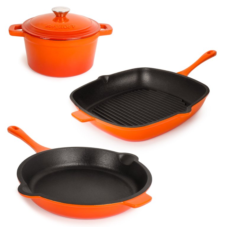 Neo 4pc Cast Iron Cookware Set, Fry Pan, Grill Pan & Round Dutch Oven, Orange