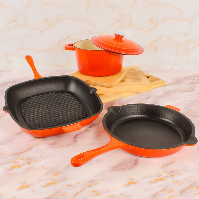 Neo 4pc Cast Iron Cookware Set, Fry Pan, Grill Pan & Round Dutch Oven, Orange