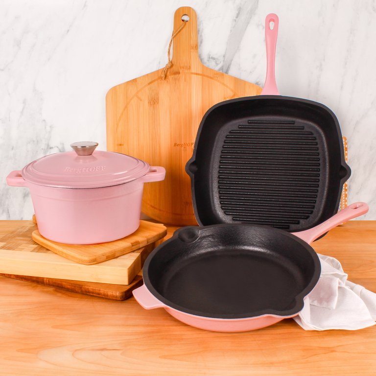 Neo 4pc Cast Iron Cookware Set, Fry Pan, Grill Pan & Round Dutch Oven, Pink