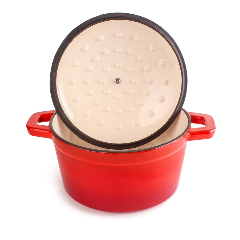 Neo 4pc Cast Iron Cookware Set, Fry Pan, Grill Pan & Round Dutch Oven, Red