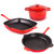 Neo 4pc Cast Iron Cookware Set, Fry Pan, Grill Pan & Round Dutch Oven, Red