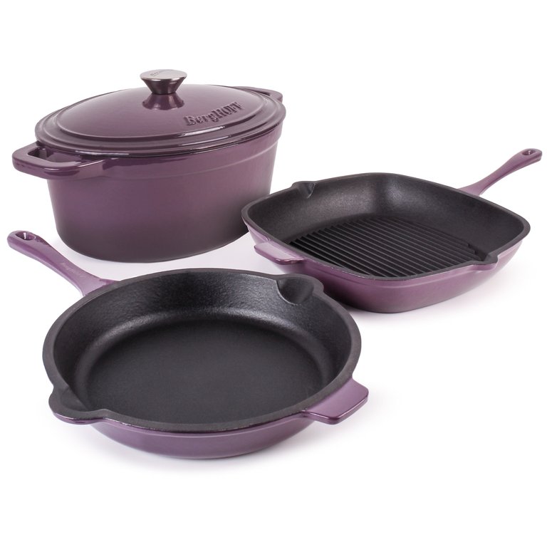 Neo 4pc Cast Iron Cookware Set, Grill Pan, Fry Pan & Oval Dutch Oven, Purple