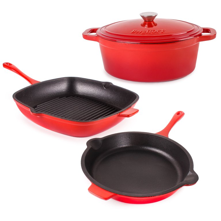 Neo 4pc Cast Iron Cookware Set, Grill Pan, Fry Pan & Oval Dutch Oven, Red