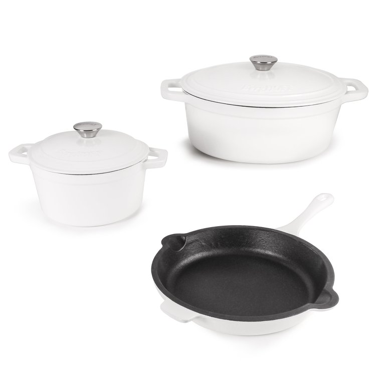 Neo 5pc Cast Iron Dutch Oven Set With 10" Fry Pan, 3qt. & 5qt., White