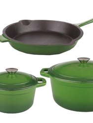 Neo 5Pc Cast Iron Set, 3Qt Covered Dutch Oven, 5Qt Covered Stock Pot, & 10" Fry Pan - Green