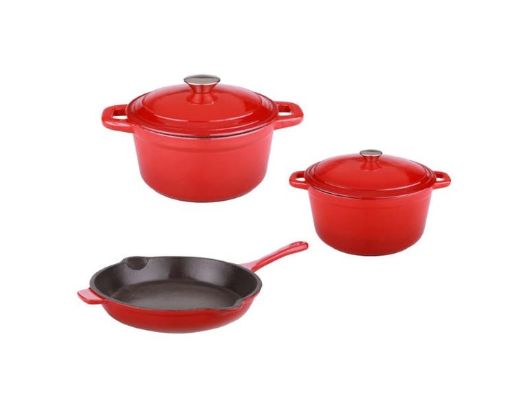 Neo 5Pc Cast Iron Set, 3Qt Covered Dutch Oven, 5Qt Covered Stock Pot, & 10" Fry Pan - Red