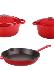 Neo 5Pc Cast Iron Set, 5Qt Covered Dutch Oven, 8Qt Covered Dutch Oven, & 10" Fry Pan - Red