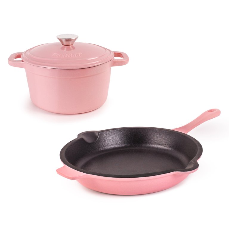 Neo Cast Iron 3Pc Cookware Set, 3Qt Covered Dutch Oven & 10" Fry Pan - Pink - Pink