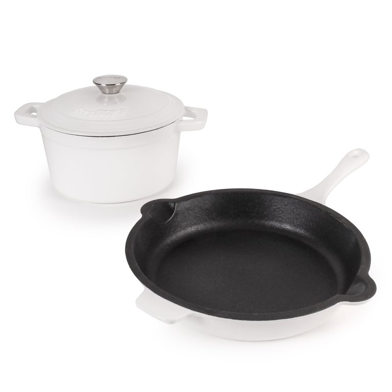 Neo Cast Iron 3Pc Cookware Set, 3Qt Covered Dutch Oven & 10" Fry Pan - White - White