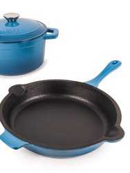 Neo Cast Iron Set 3pc Blue (3qt Cast Iron Covered Stockpot, 10" Cast Iron Fry Pan)