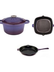 Neo Cast Iron Set 3pc Purple (3qt Cast Iron Covered Stockpot, 10" Cast Iron Fry Pan, 11" Cast Iron Grill Pan)