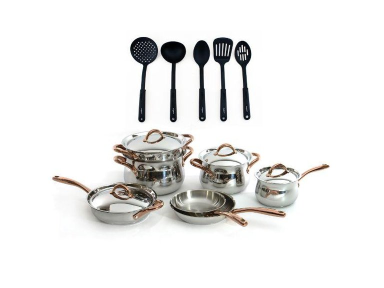 Ouro 11pcs 18/10 Stainless Steel Cookware Set with SS Lid and 5pc Nylon Kitchen Tool Set