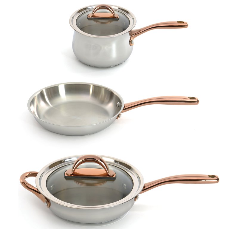 Ouro Gold 5Pc 18/10 Stainless Steel Starter Set, Glass Lids, Rose Gold Handles