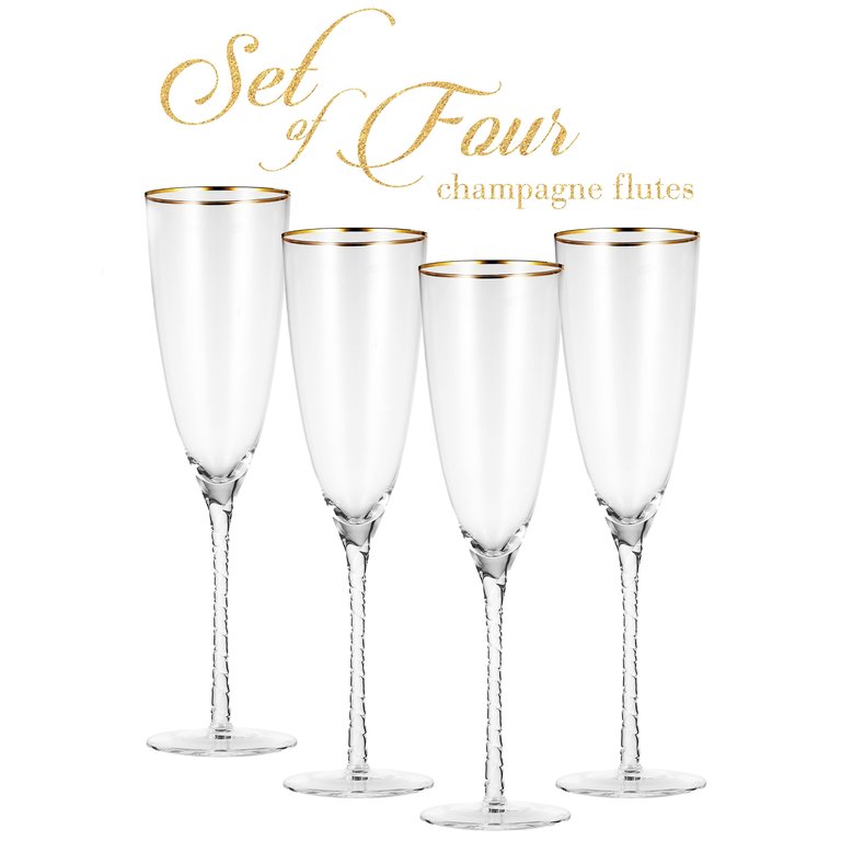 Champagne Glasses- Luxurious Crystal Champagne Flutes with Twisted Stem - Set Of 4