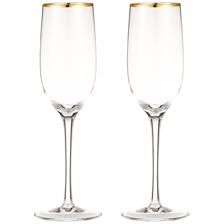 Crystal Champagne Flutes With Gold Tone Rim - Set of 6