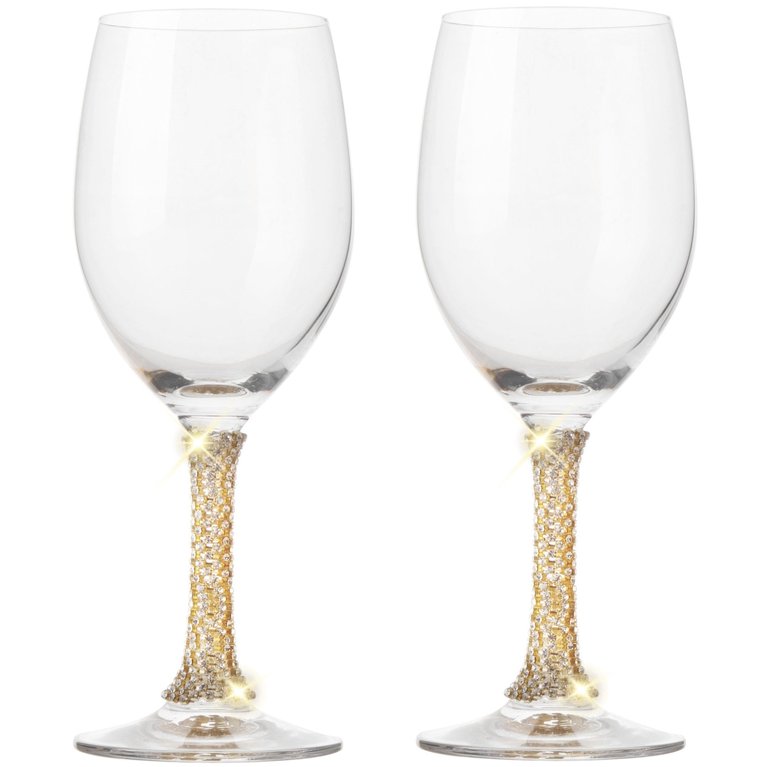 Crystal Wine Glasses - Elegant Gold Tone Studded Long Stem Red Wine Glasses Set Of 2