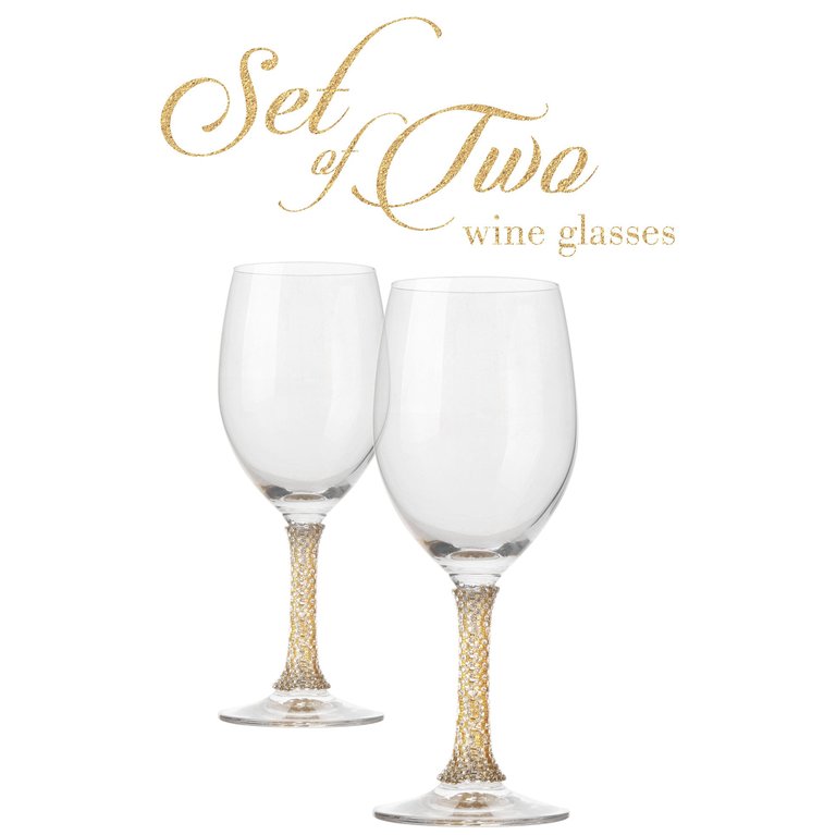 Crystal Wine Glasses - Elegant Gold Tone Studded Long Stem Red Wine Glasses Set Of 2