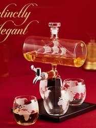 Decanter With Interior Hand-crafted Ship-In-A-Bottle Design - With 4 Globe Glasses