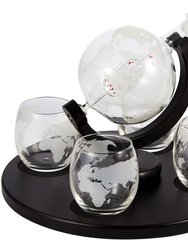 Globe Whiskey Decanter And 4 Cups Set With Wood Base