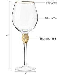 Luxurious and Elegant Sparkling Studded Long Stem Red Wine Glass With Gold Tone Rim - Set of 6 Wine Glasses