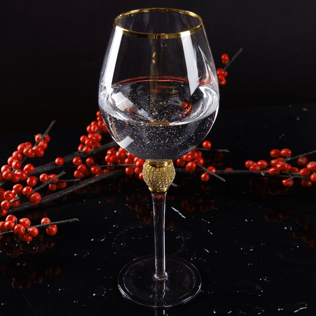 Berkware Luxurious Rhinestone Studded Long Stem Red Wine Glass