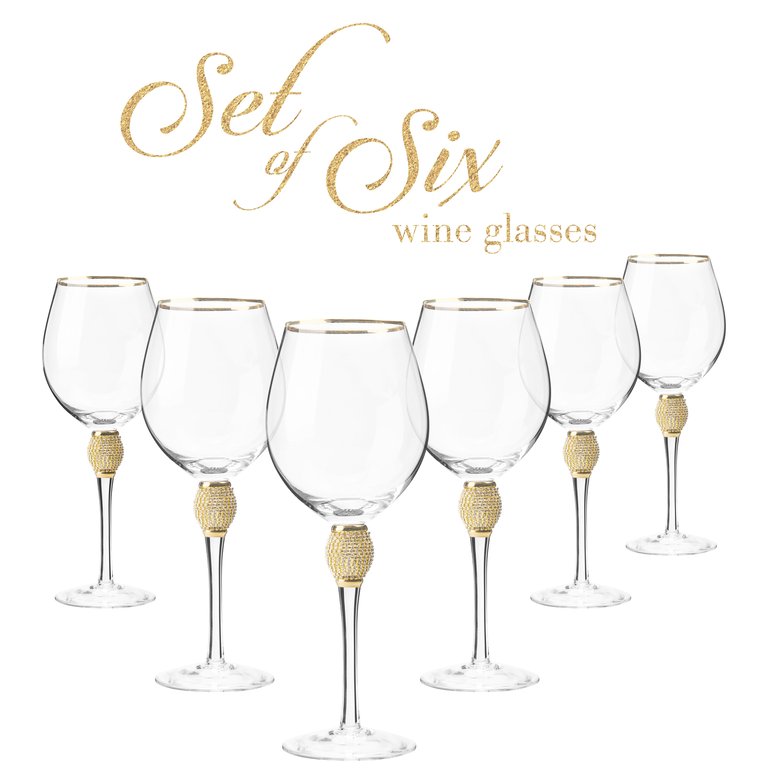 Berkware Crystal Wine Glasses - Elegant Gold Tone Studded Long Stem Red Wine Glasses Set of 2