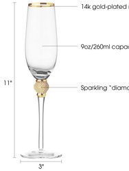 Luxurious Champagne Flutes with Dazzling Rhinestone Design and Gold tone Rim - Set of 6 Champagne Glasses