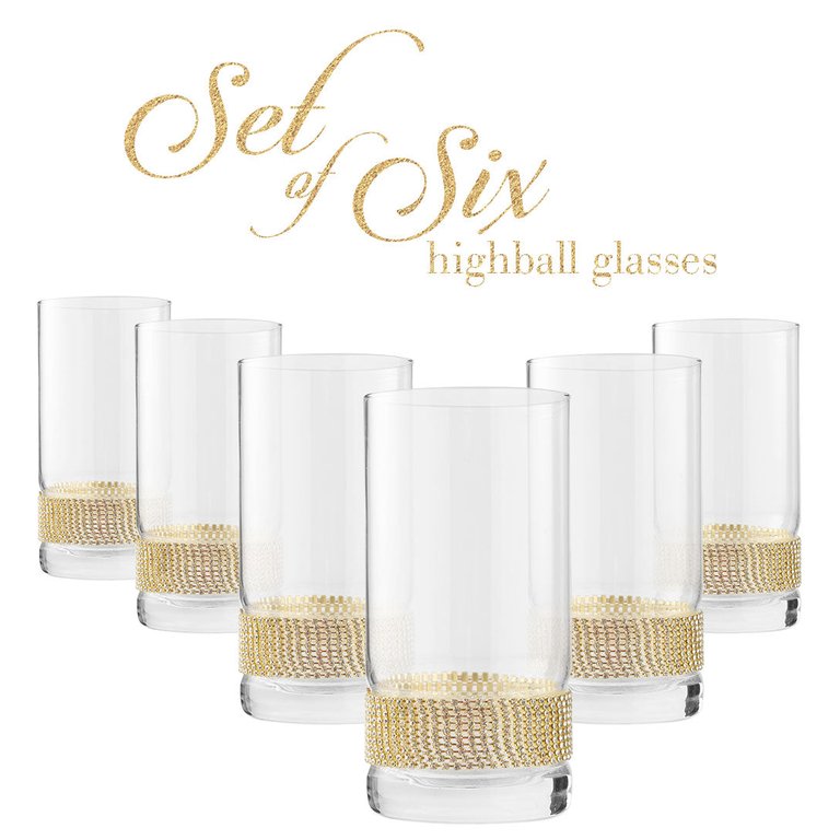 Luxurious Highball Cocktail Glasses - Sparkling "Rhinestone Diamond" Studded Collins Glass - Set of 6