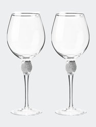 Red Wine Glass with Rhinestone Design and Silver Rim, Set of 2