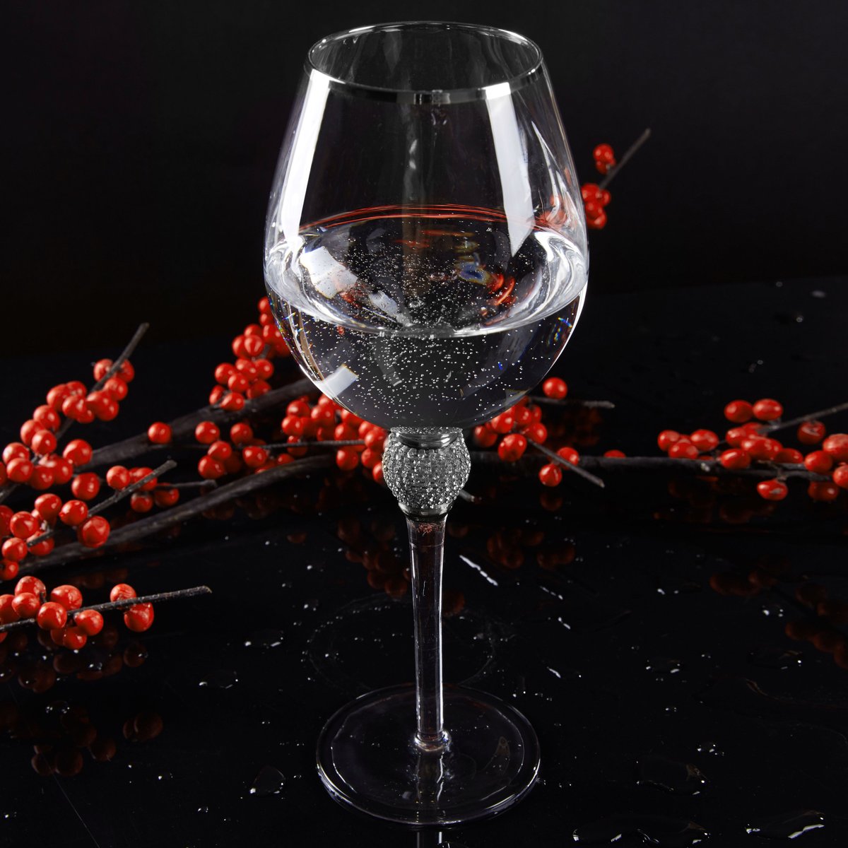 Berkware Rosè Wine Glass with Rhinestone Design and Gold Rim Set
