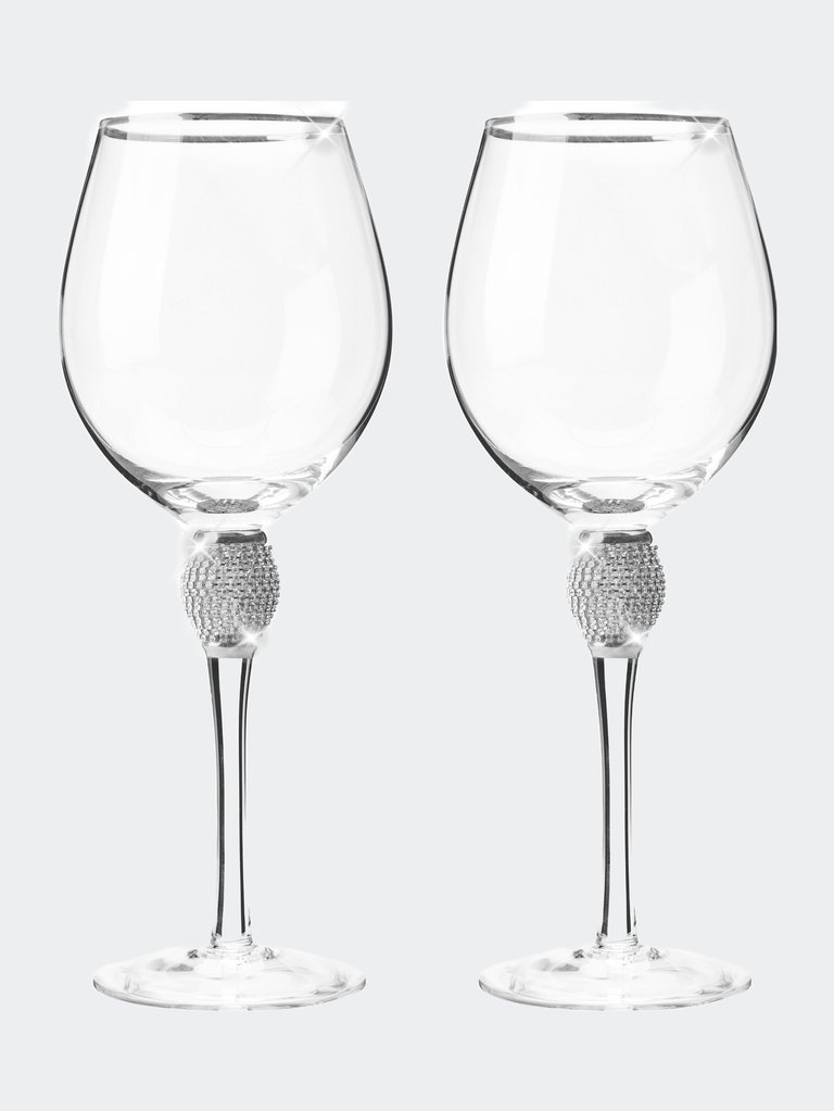 Red Wine Glass with Rhinestone Design and Silver Rim, Set of 2