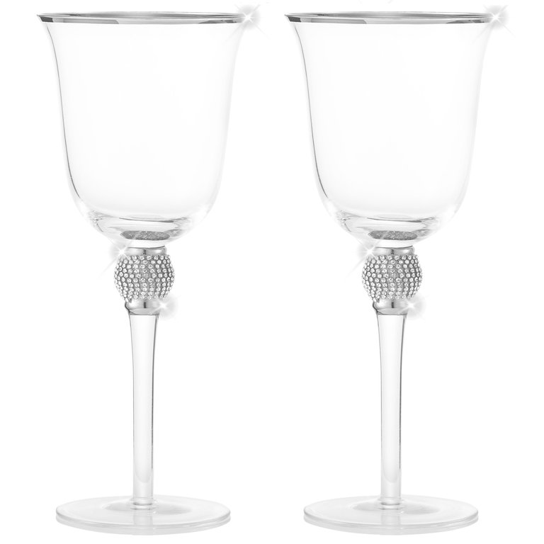 Set Of 2 Rhodium Silver Tone Wine Glasses