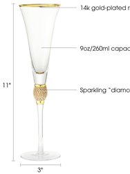 Set of 2 Trumpet Champagne Glasses - Elegant Gold Tone Rim & Rhinestone Embellishments