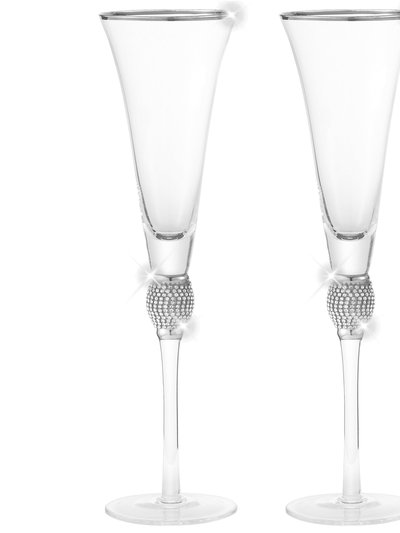 Berkware Set of 2 Trumpet Champagne Glasses - Elegant Silver Tone Rim & Rhinestone Embellishments product