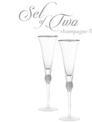 Set of 2 Trumpet Champagne Glasses - Elegant Silver Tone Rim & Rhinestone Embellishments