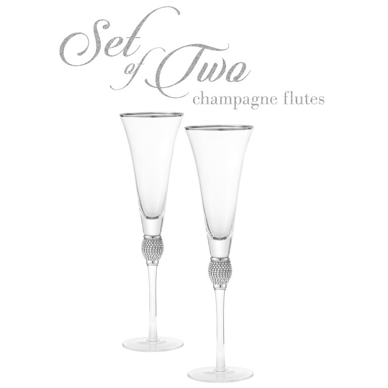 Set of 2 Trumpet Champagne Glasses - Elegant Silver Tone Rim & Rhinestone Embellishments